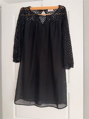 Rachel Kate Black Lace-Yoke Long Sleeve A-Line Dress